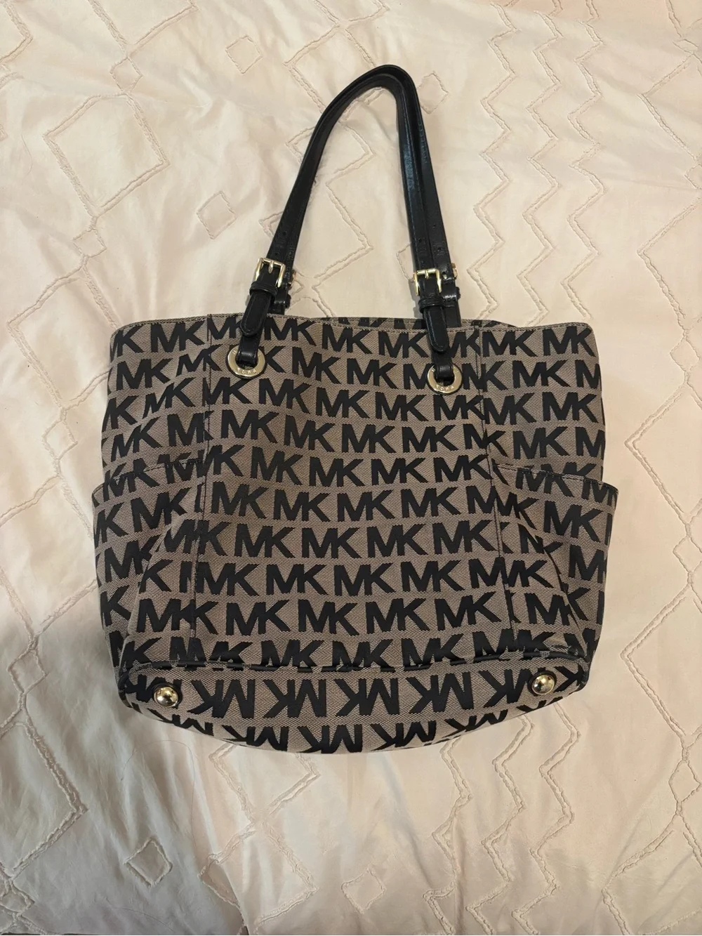 Michael Kors Tan and Black MK Logo Tote with Black Handles